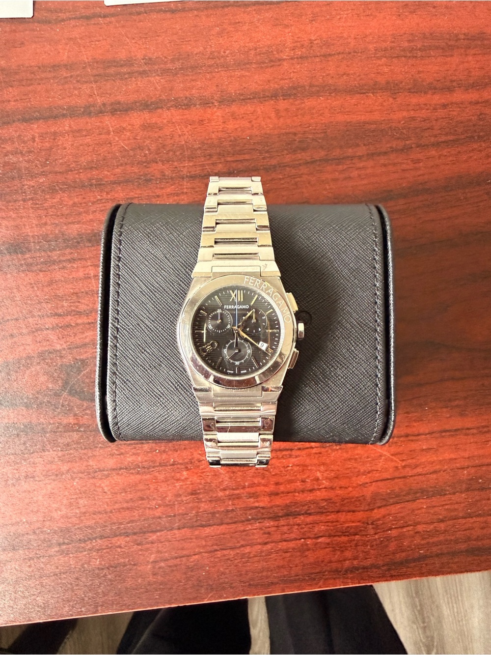 Salvatore Ferragamo Silver Bracelet Watch with Black Dial